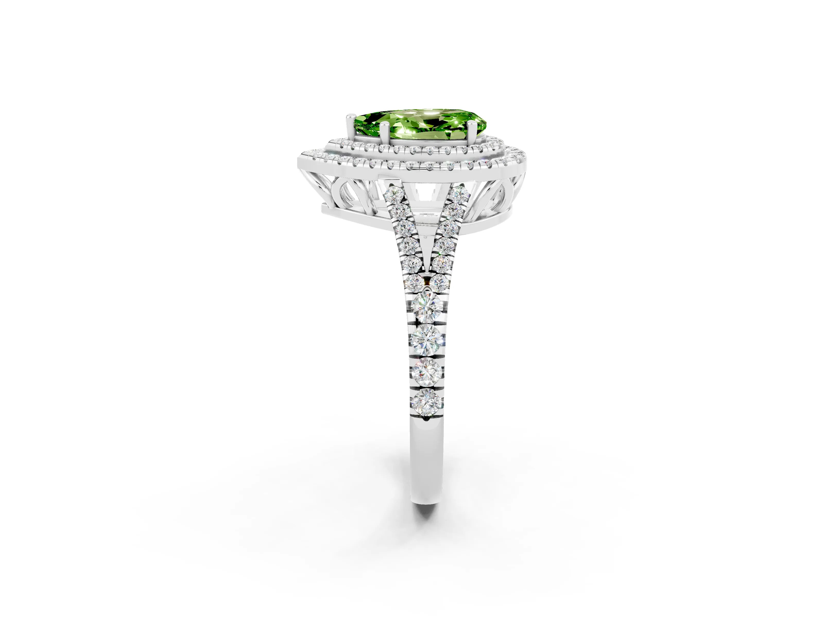 White gold Pear Cut Peridot Double Halo Ring with Pavé Band and Prong Setting_14