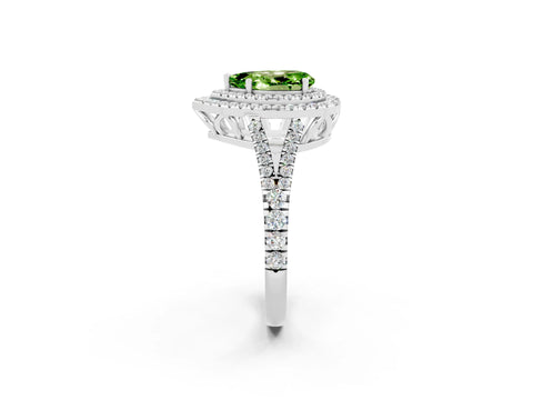 White gold Pear Cut Peridot Double Halo Ring with Pavé Band and Prong Setting_14