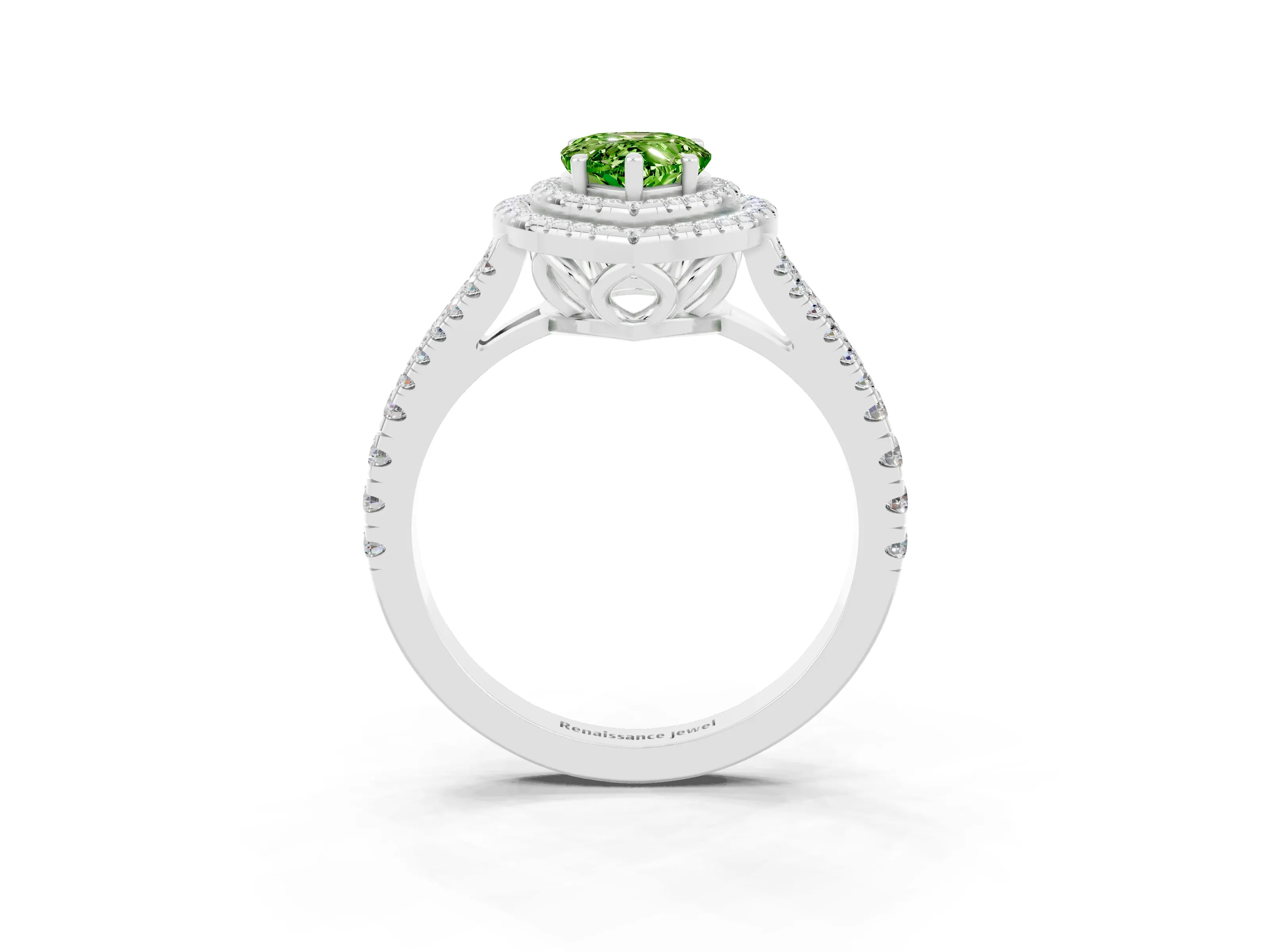 White gold Pear Cut Peridot Double Halo Ring with Pavé Band and Prong Setting_15
