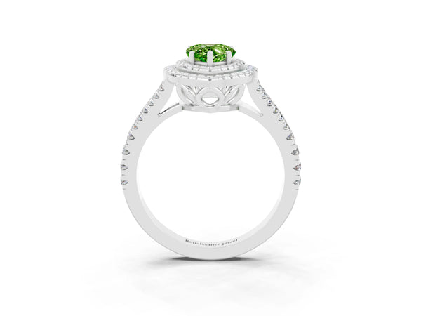 White gold Pear Cut Peridot Double Halo Ring with Pavé Band and Prong Setting