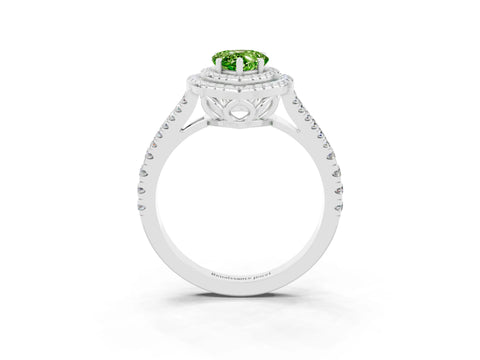 White gold Pear Cut Peridot Double Halo Ring with Pavé Band and Prong Setting_15