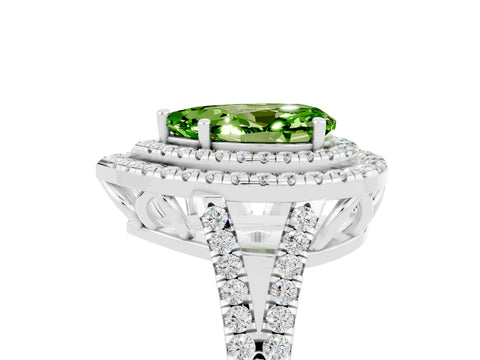 White gold Pear Cut Peridot Double Halo Ring with Pavé Band and Prong Setting_17