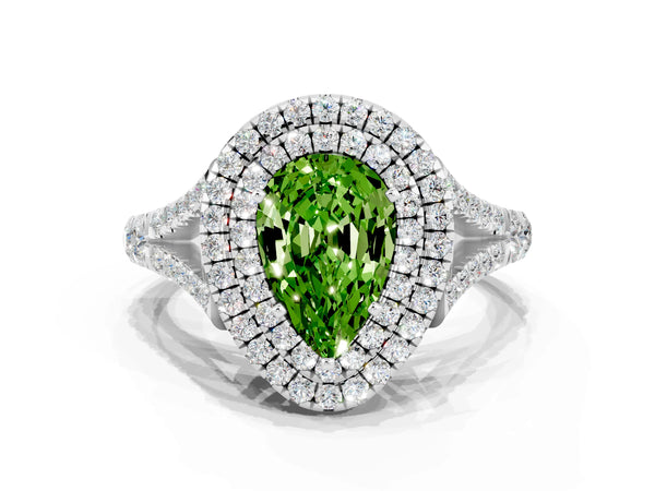 Platinum Pear Cut Peridot Double Halo Ring with Split Shank and Prong Setting