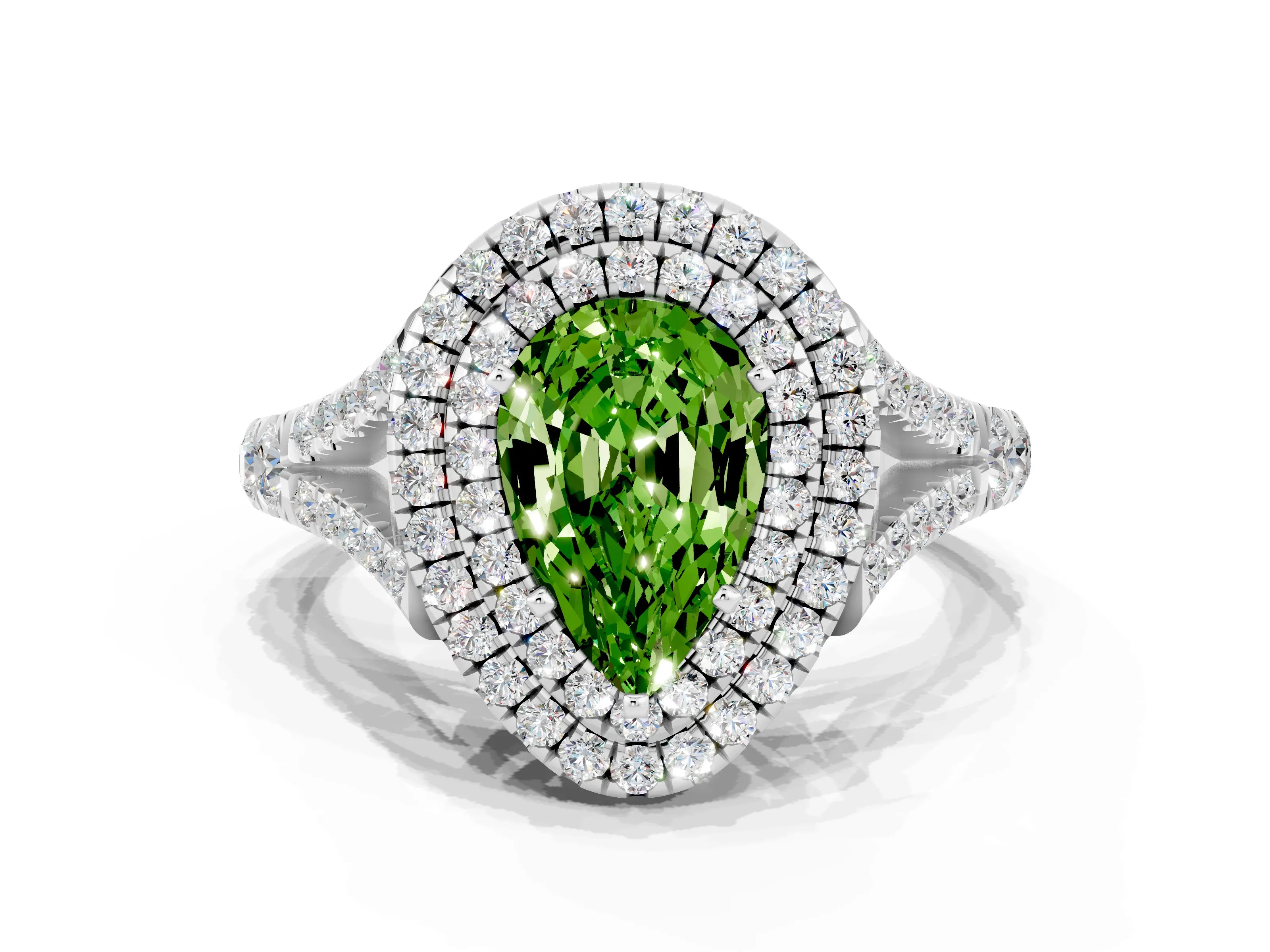 White gold Pear Cut Peridot Double Halo Ring with Split Shank and Prong Setting_12