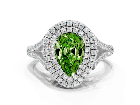 White gold Pear Cut Peridot Double Halo Ring with Split Shank and Prong Setting_12