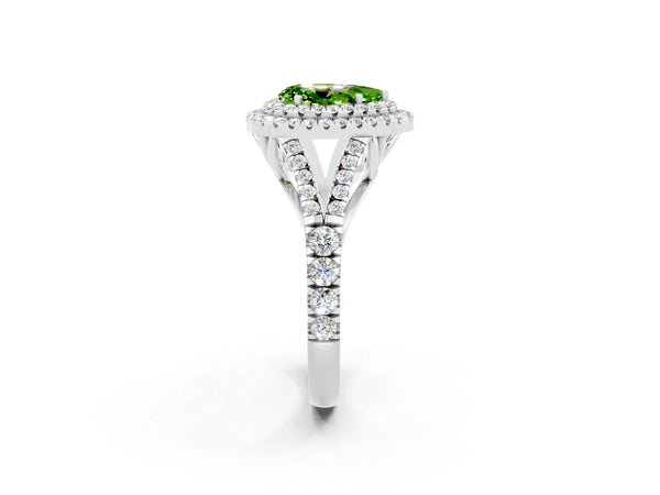 Platinum Pear Cut Peridot Double Halo Ring with Split Shank and Prong Setting