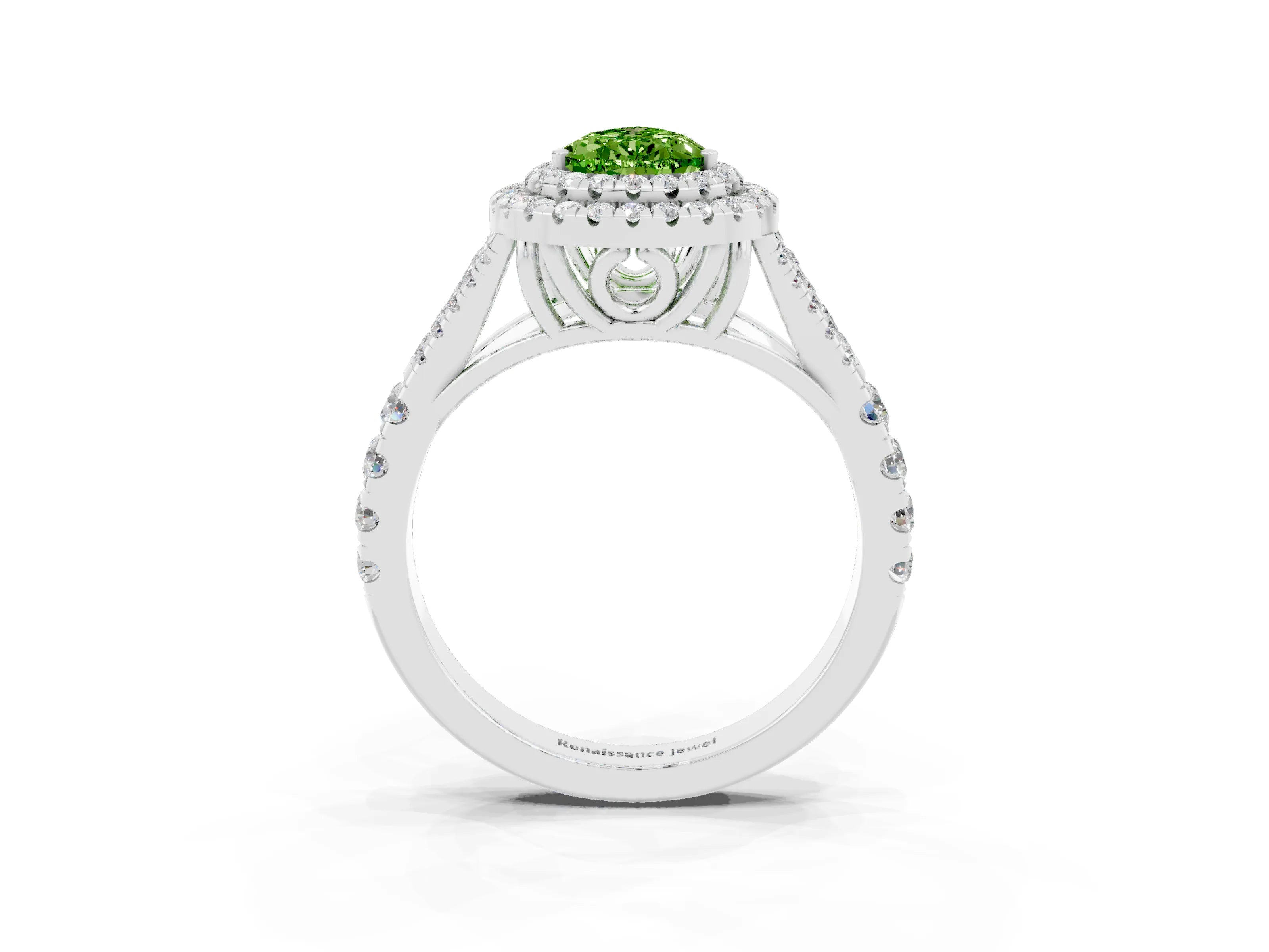 White gold Pear Cut Peridot Double Halo Ring with Split Shank and Prong Setting_15