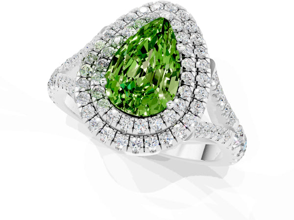 White gold Pear Cut Peridot Double Halo Ring with Split Shank and Prong Setting