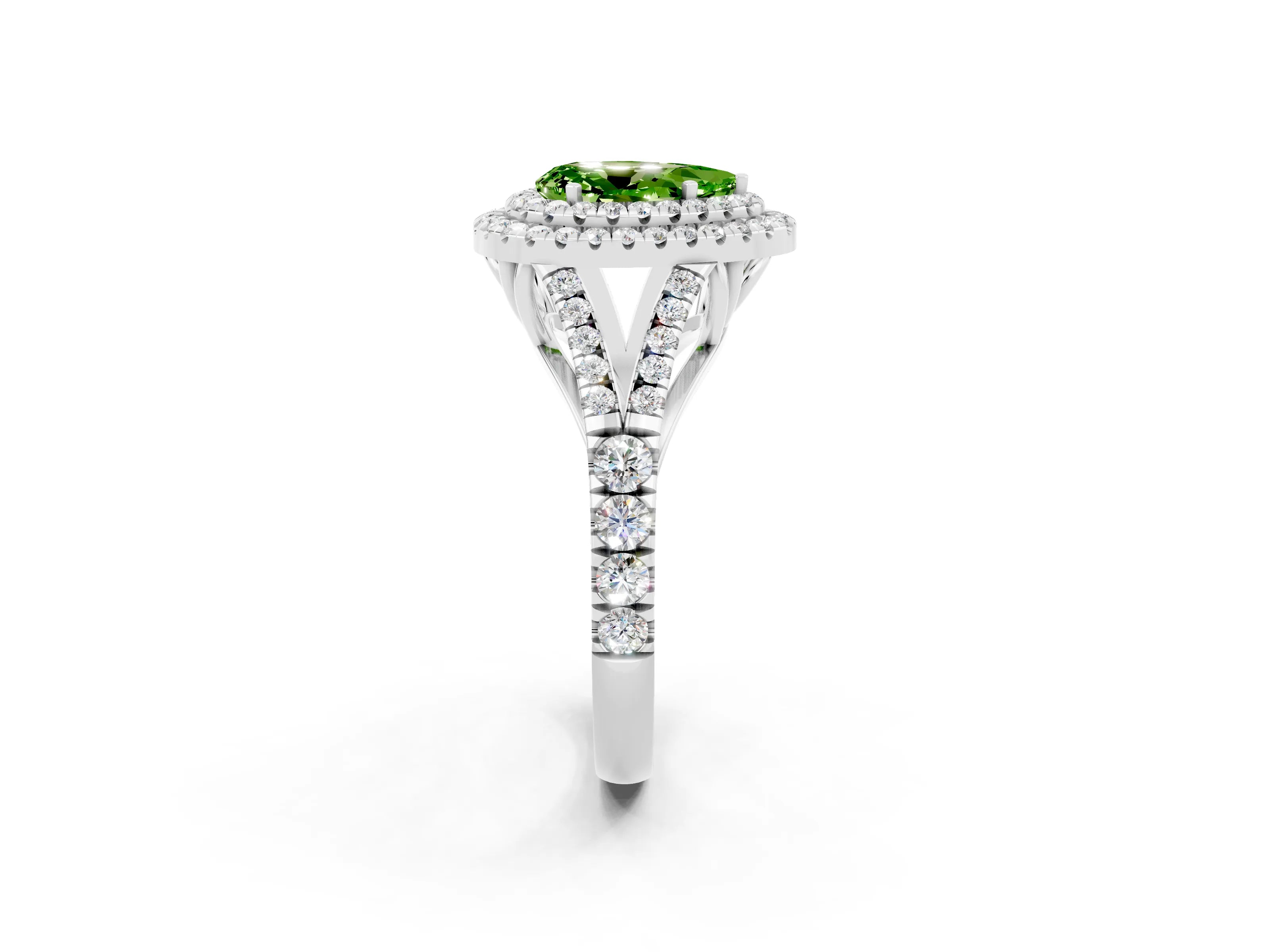 White gold Pear Cut Peridot Double Halo Ring with Split Shank and Prong Setting_26