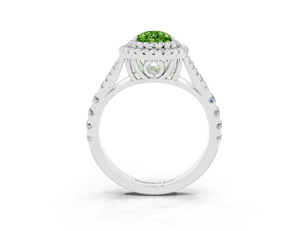 White gold Pear Cut Peridot Double Halo Ring with Split Shank and Prong Setting