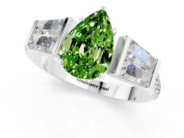 White gold Pear Cut Peridot Engagement Ring with Baguette Side Stones and Channel Set Band