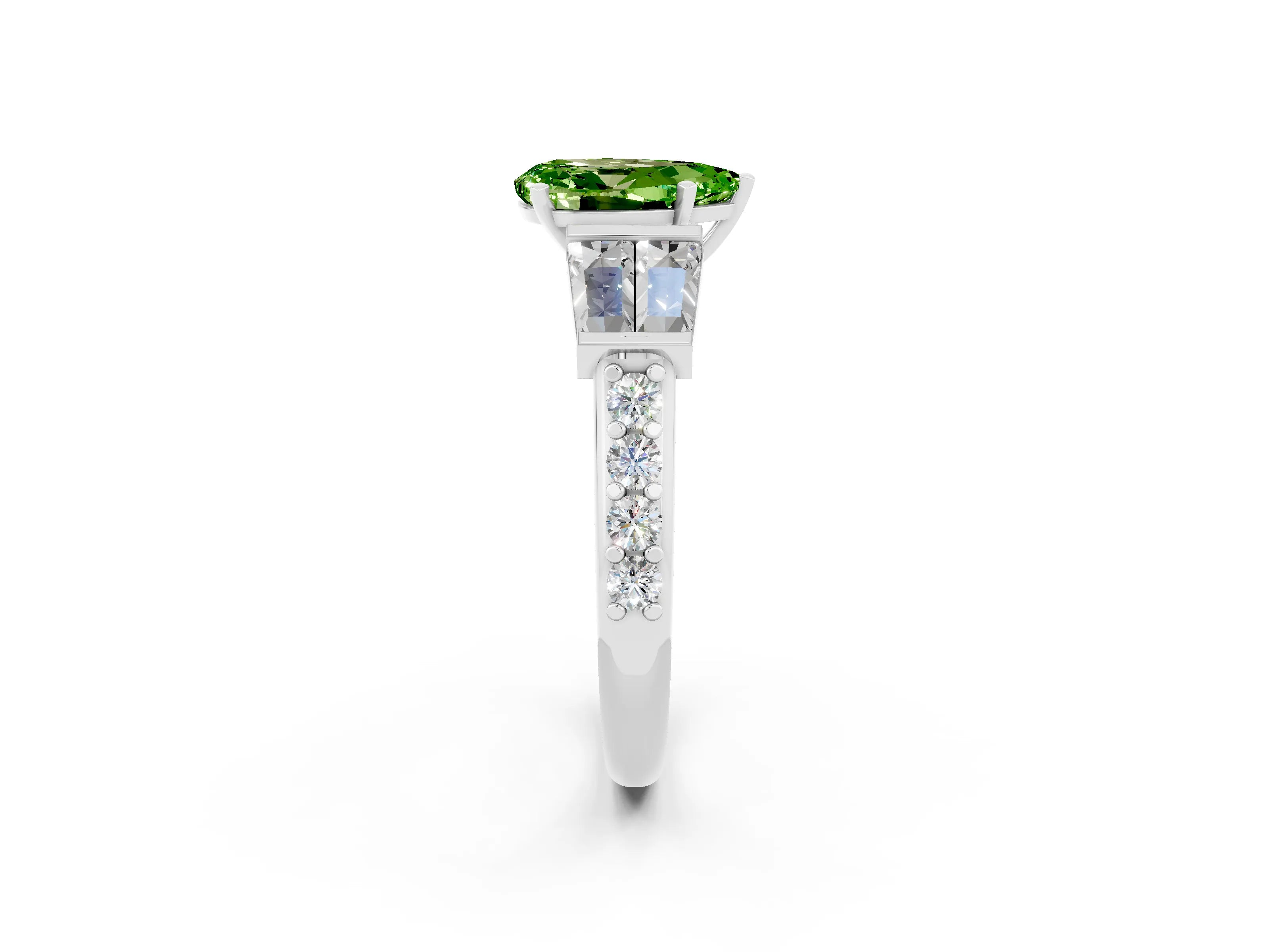 White gold Pear Cut Peridot Engagement Ring with Baguette Side Stones and Channel Set Band_2