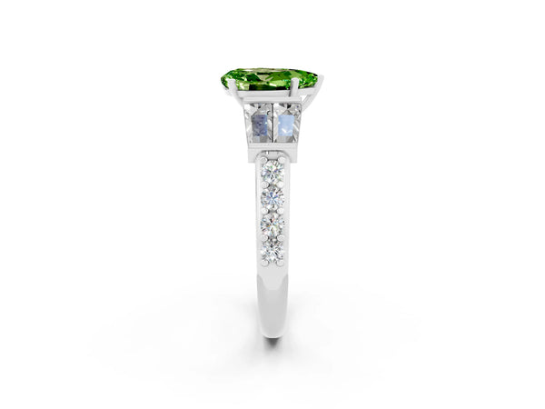 White gold Pear Cut Peridot Engagement Ring with Baguette Side Stones and Channel Set Band