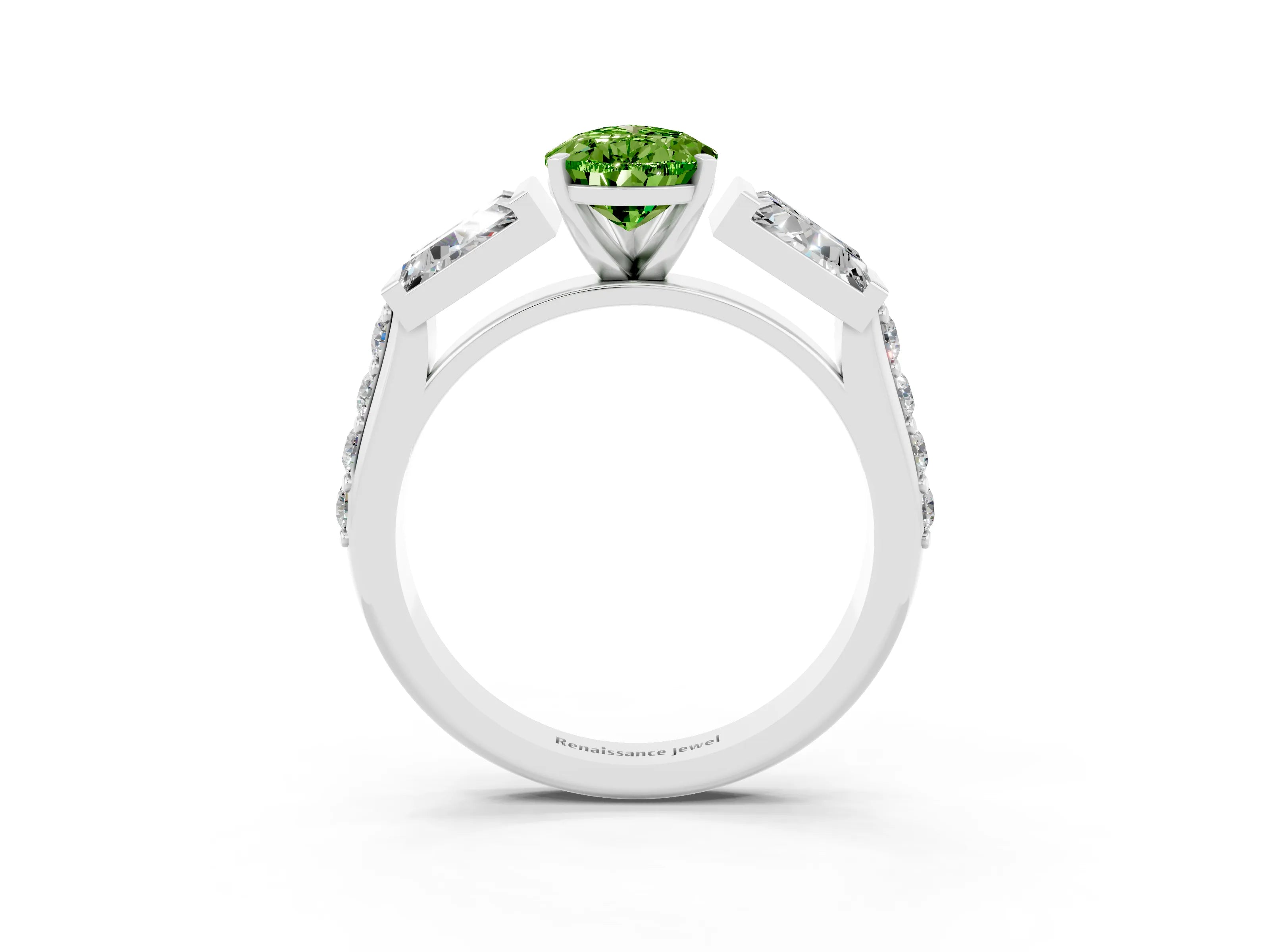 White gold Pear Cut Peridot Engagement Ring with Baguette Side Stones and Channel Set Band_3