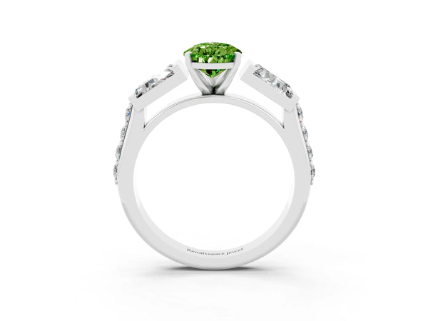 Silver Pear Cut Peridot Engagement Ring with Baguette Side Stones and Channel Set Band