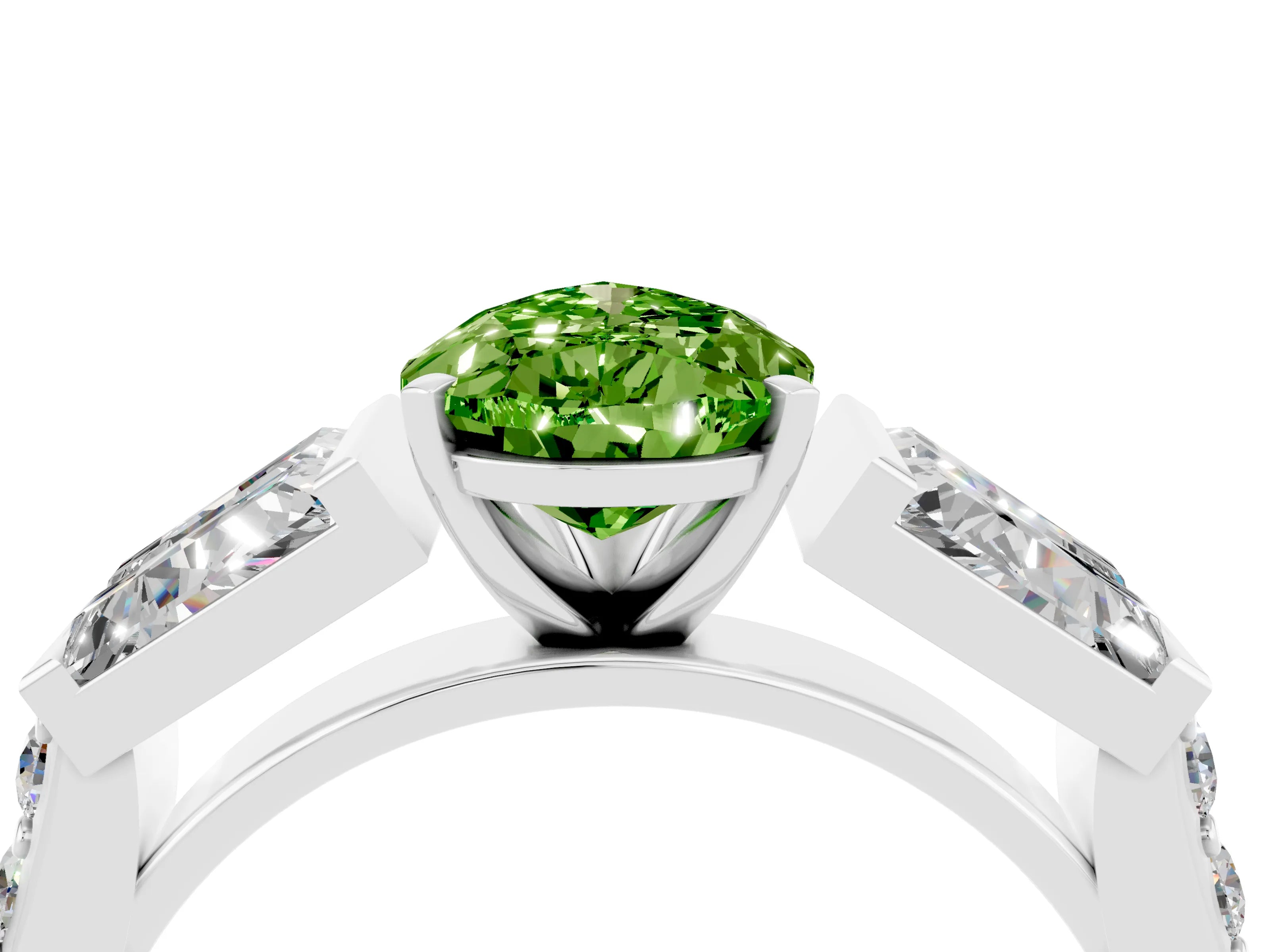 White gold Pear Cut Peridot Engagement Ring with Baguette Side Stones and Channel Set Band_4