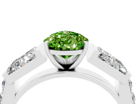 White gold Pear Cut Peridot Engagement Ring with Baguette Side Stones and Channel Set Band_4