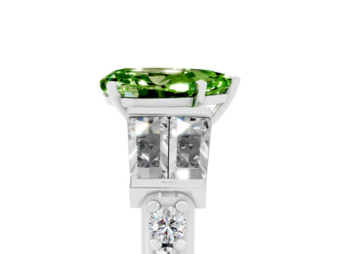 White gold Pear Cut Peridot Engagement Ring with Baguette Side Stones and Channel Set Band_5