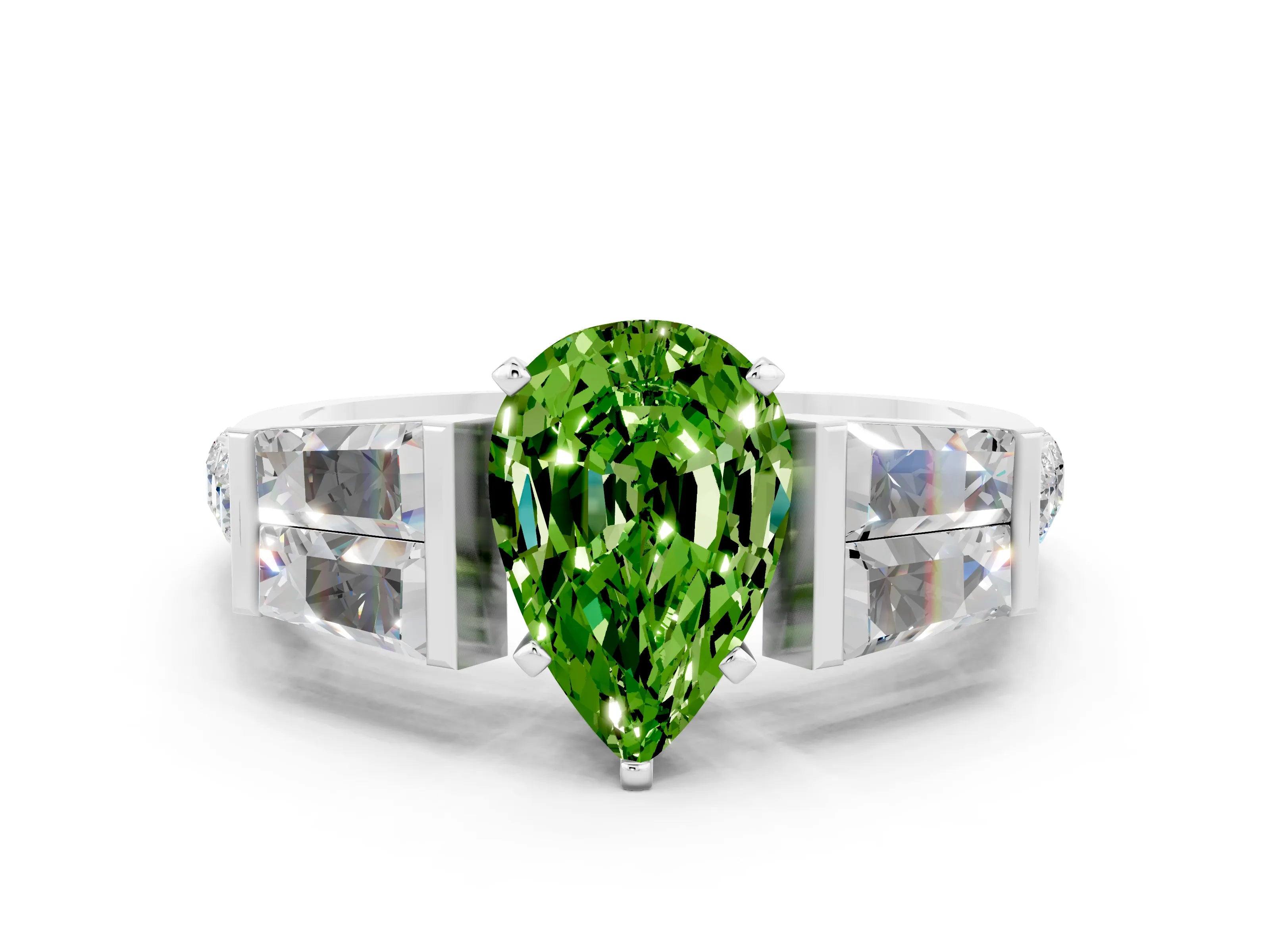 White gold Pear Cut Peridot Engagement Ring with Baguette Side Stones and Channel Set Band