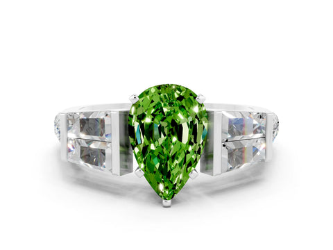 White gold Pear Cut Peridot Engagement Ring with Baguette Side Stones and Channel Set Band