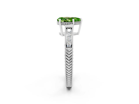 White gold Pear Cut Peridot Engagement Ring with Milgrain Channel Set Band and Prong Setting_2