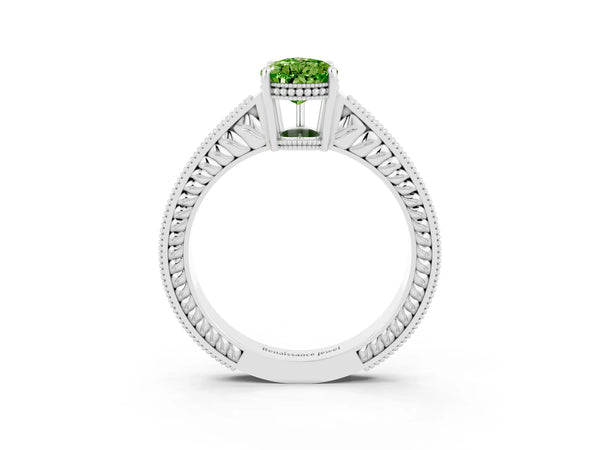 Silver Pear Cut Peridot Engagement Ring with Milgrain Channel Set Band and Prong Setting