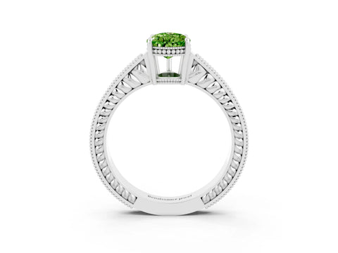 White gold Pear Cut Peridot Engagement Ring with Milgrain Channel Set Band and Prong Setting_3