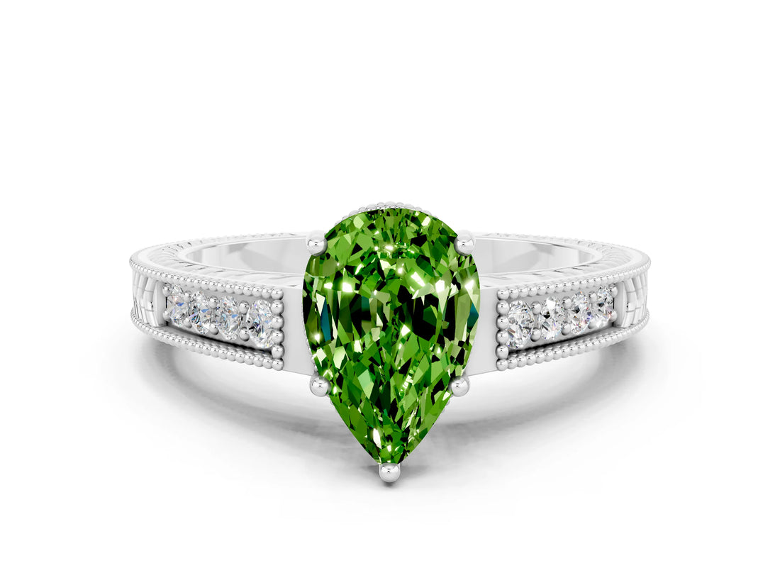 White gold Pear Cut Peridot Engagement Ring with Milgrain Channel Set Band and Prong Setting
