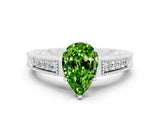 White gold Pear Cut Peridot Engagement Ring with Milgrain Channel Set Band and Prong Setting