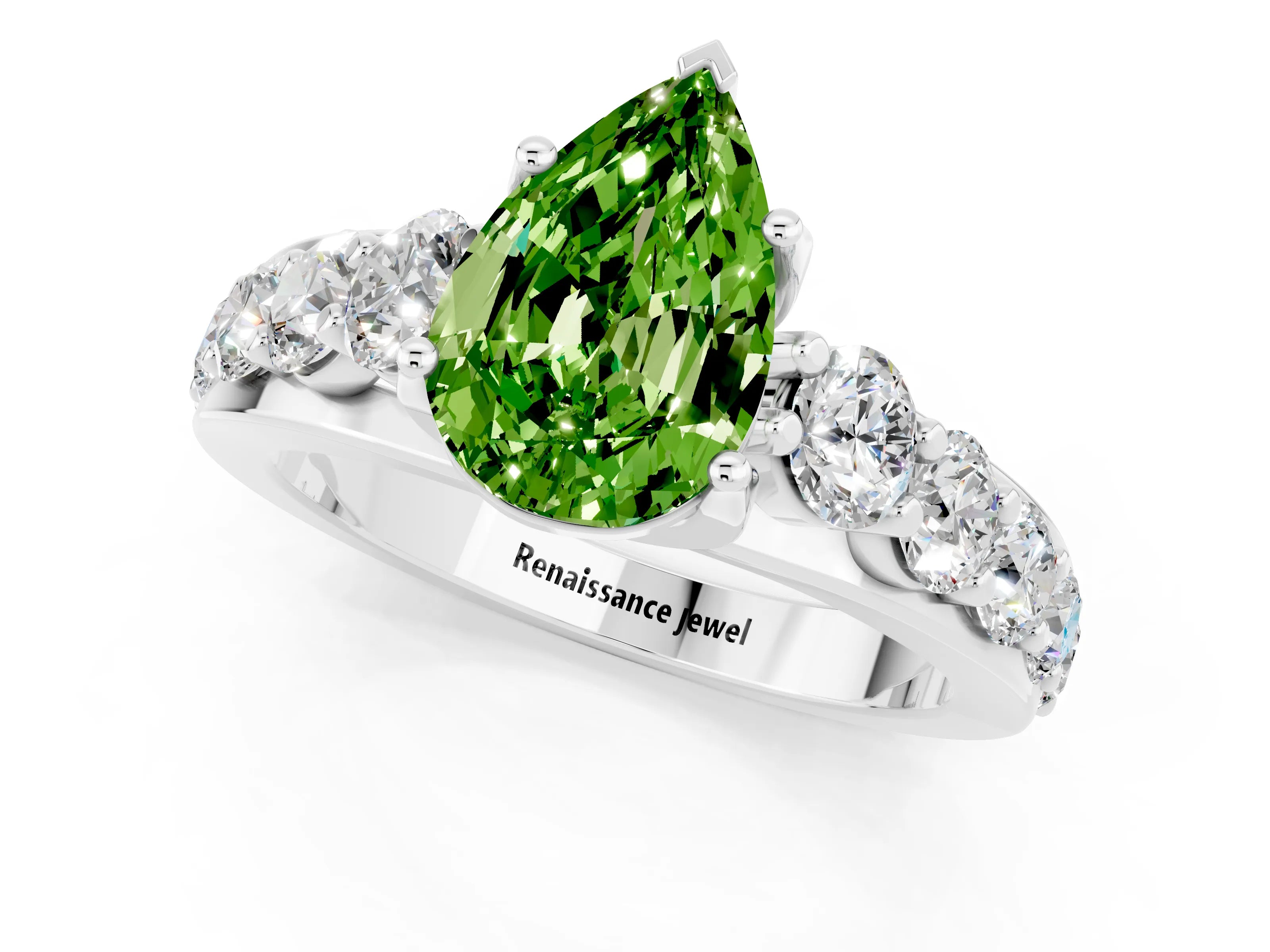 White gold Pear Cut Peridot Engagement Ring with Pavé Band and Four-Prong Setting_1