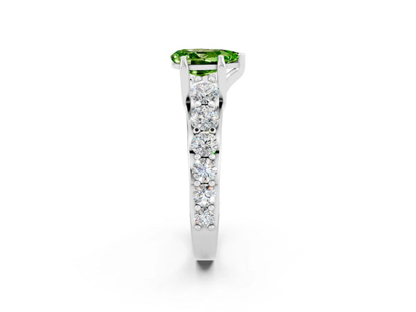 White gold Pear Cut Peridot Engagement Ring with Pavé Band and Four-Prong Setting