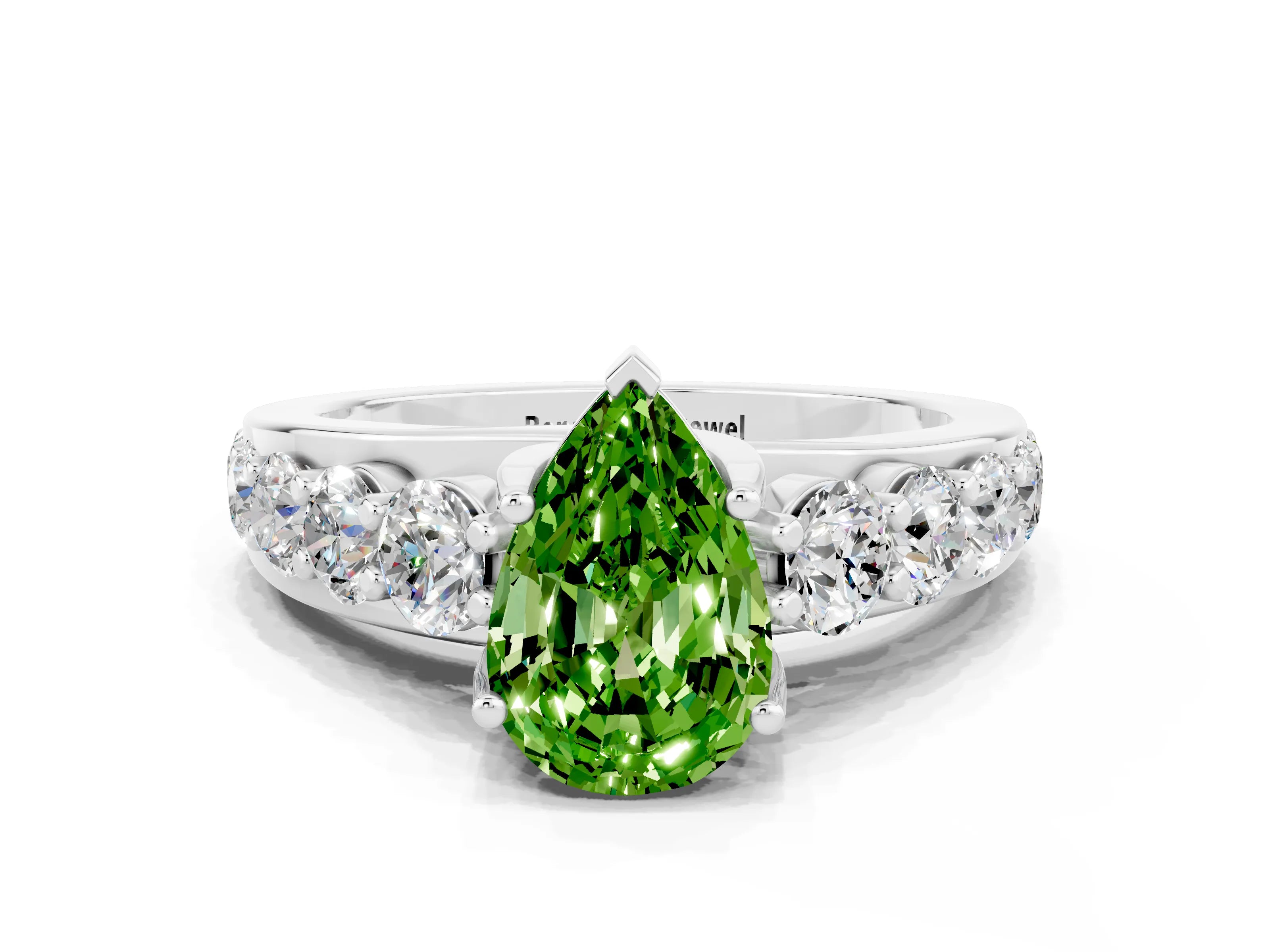 White gold Pear Cut Peridot Engagement Ring with Pavé Band and Four-Prong Setting