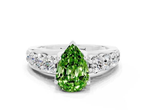 White gold Pear Cut Peridot Engagement Ring with Pavé Band and Four-Prong Setting