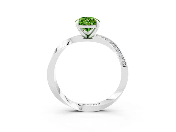 Silver Pear Cut Peridot Engagement Ring with Side Stone Accents and Four-Prong Setting