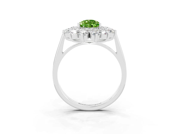 White gold Pear Cut Peridot Floral Double Halo Engagement Ring with Prong Setting
