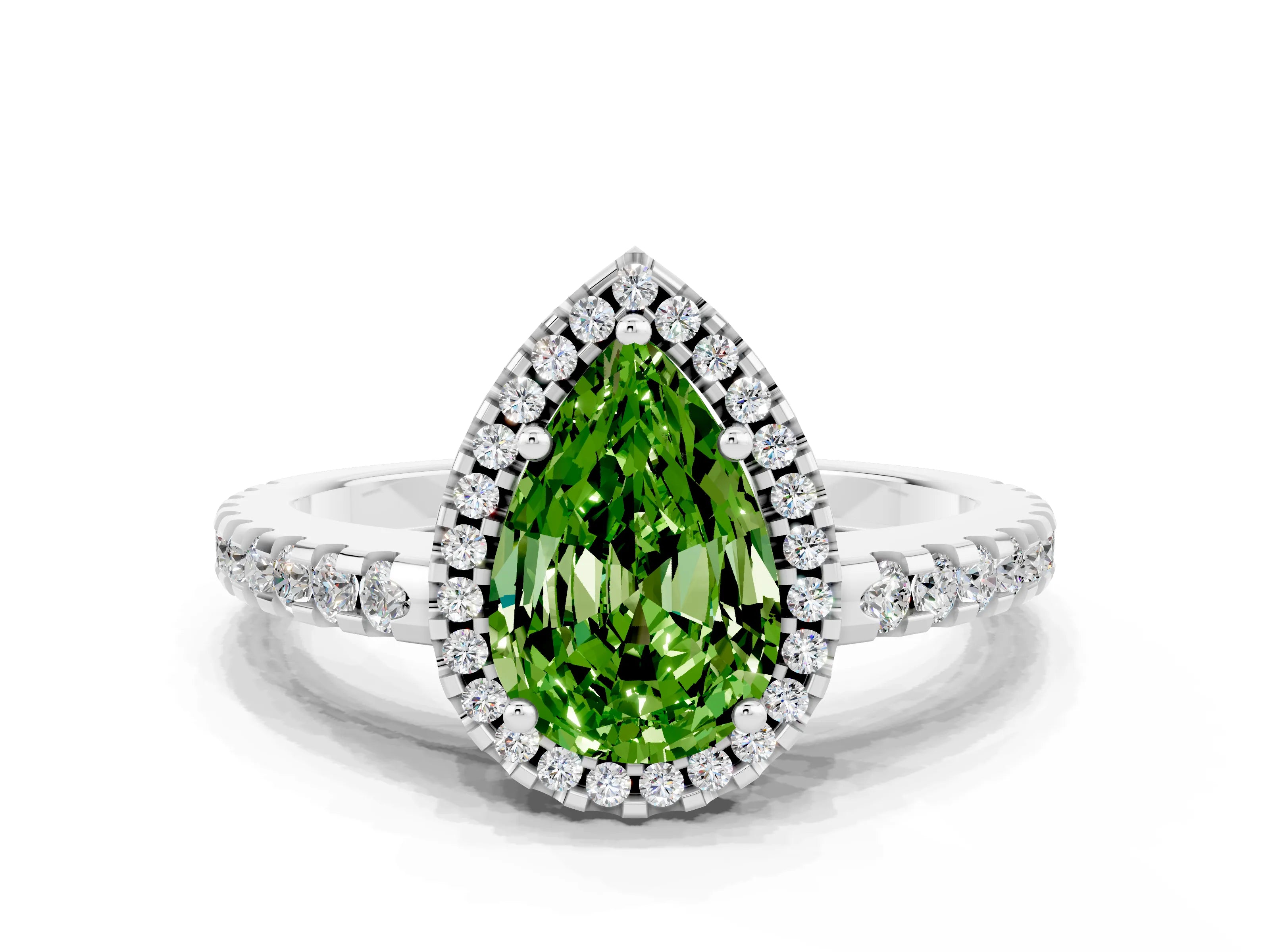 White gold Pear Cut Peridot Halo Engagement Ring with Pavé Band and Prong Setting_12