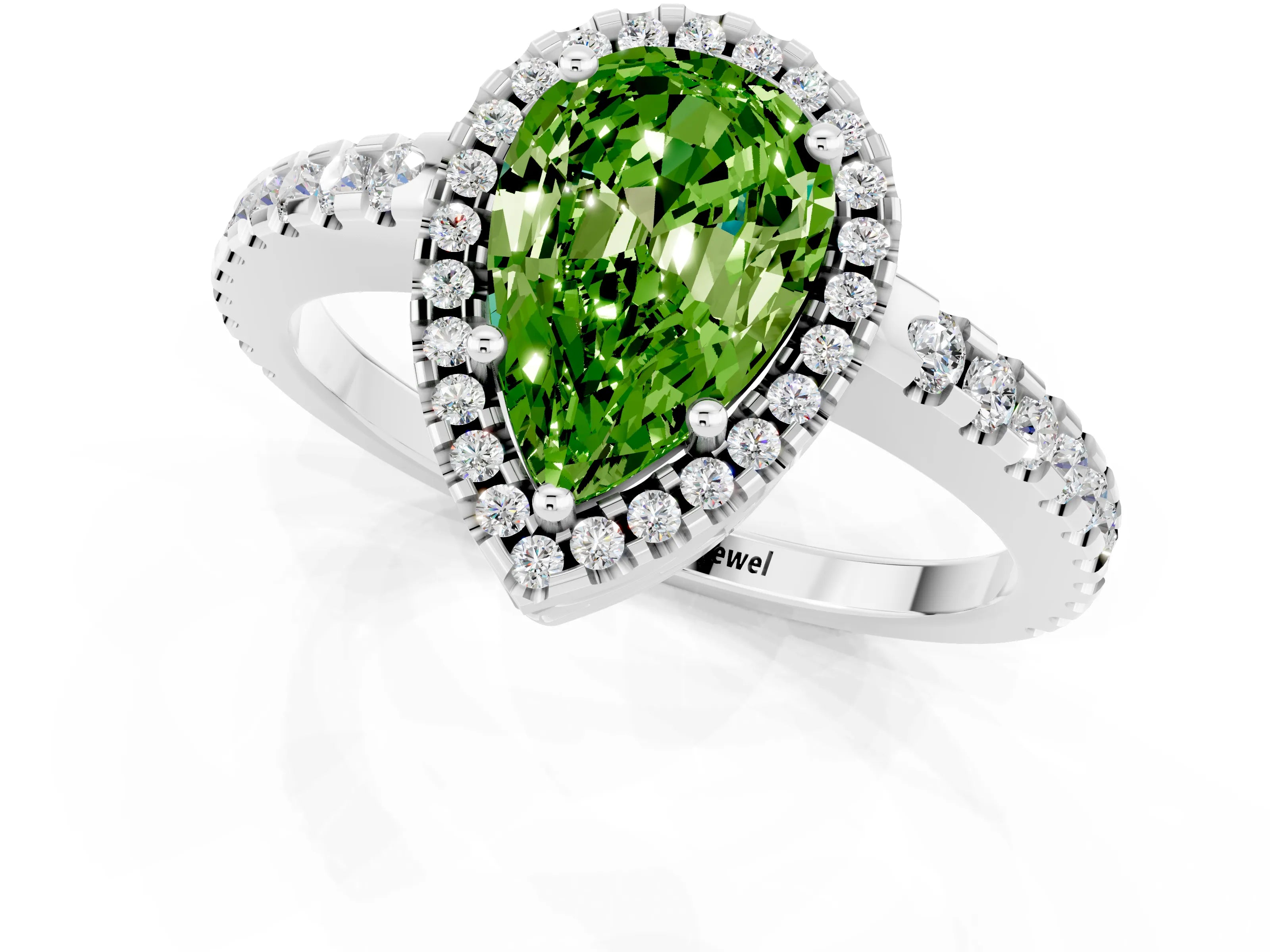 White gold Pear Cut Peridot Halo Engagement Ring with Pavé Band and Prong Setting_13