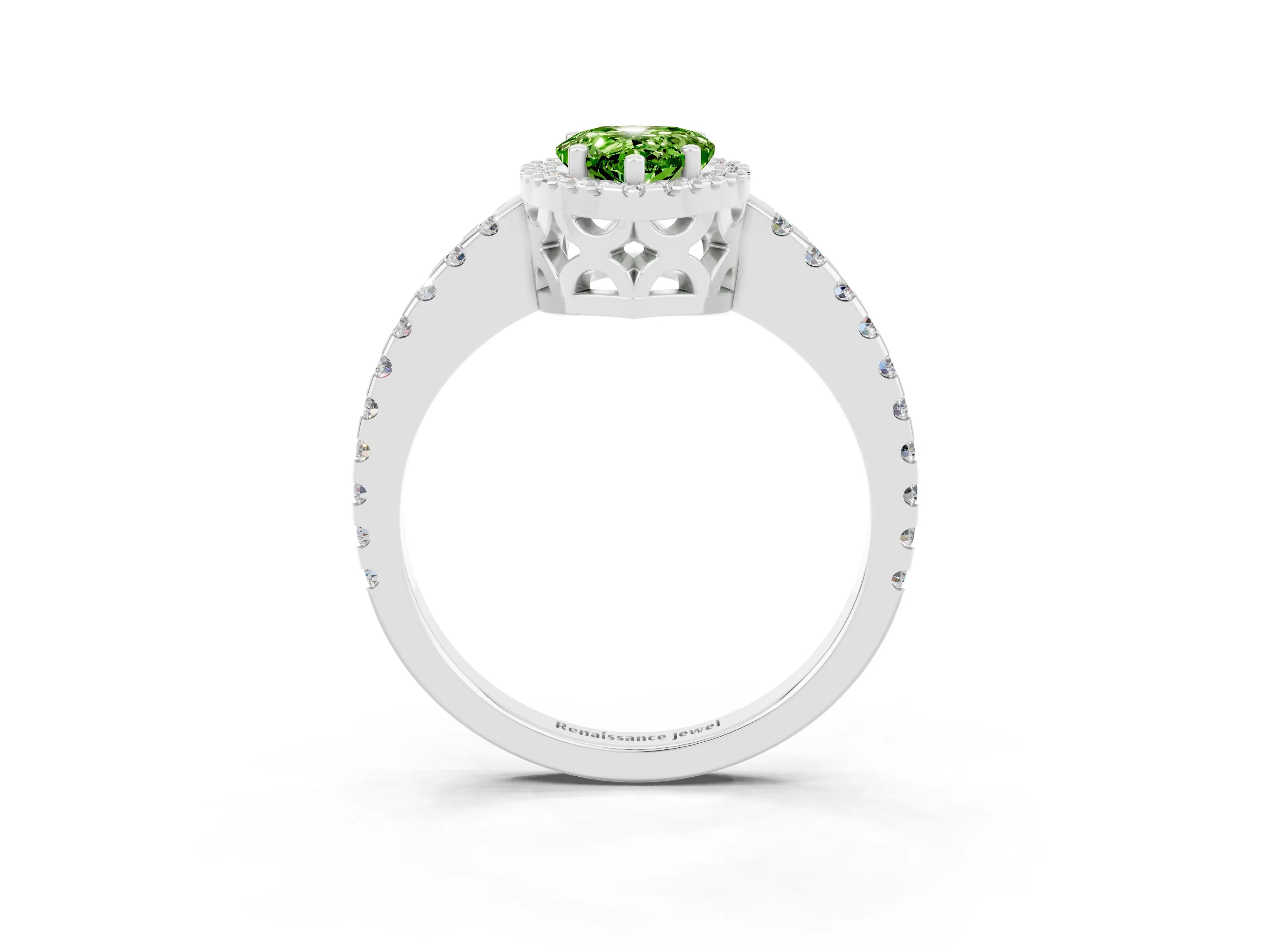 White gold Pear Cut Peridot Halo Engagement Ring with Pavé Band and Prong Setting_15