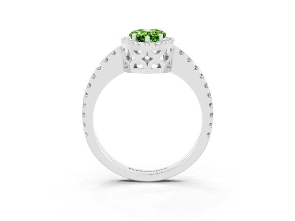 White gold Pear Cut Peridot Halo Engagement Ring with Pavé Band and Prong Setting