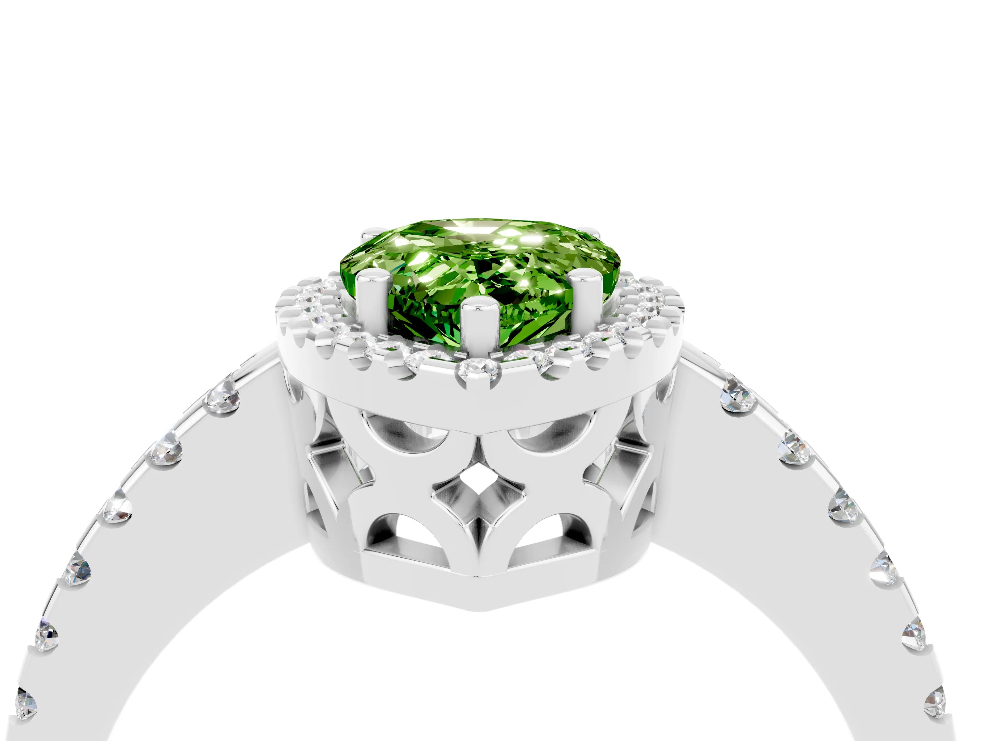 White gold Pear Cut Peridot Halo Engagement Ring with Pavé Band and Prong Setting_16