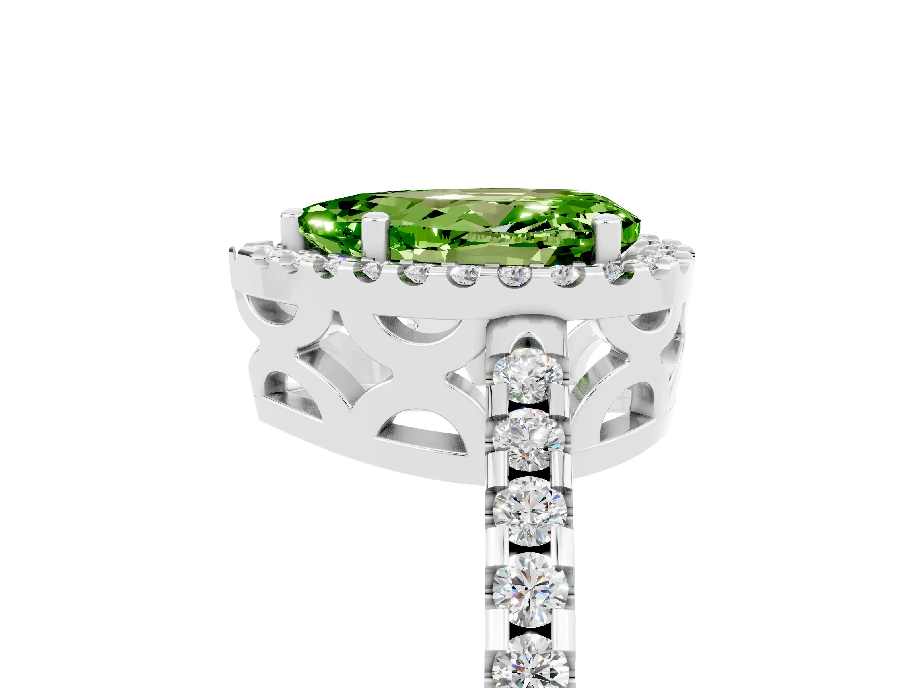 White gold Pear Cut Peridot Halo Engagement Ring with Pavé Band and Prong Setting_17