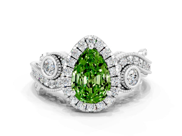 White gold Pear Cut Peridot Halo Ring with Milgrain Pavé Band and Four-Prong Setting