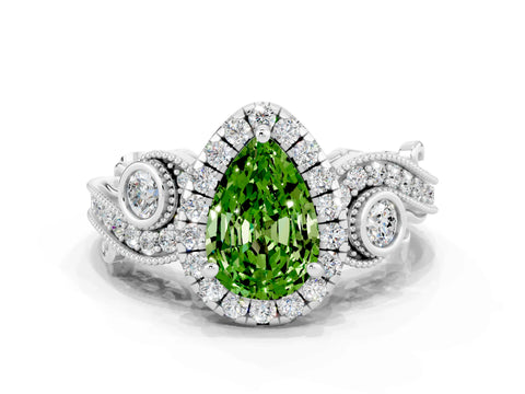 White gold Pear Cut Peridot Halo Ring with Milgrain Pavé Band and Four-Prong Setting_12