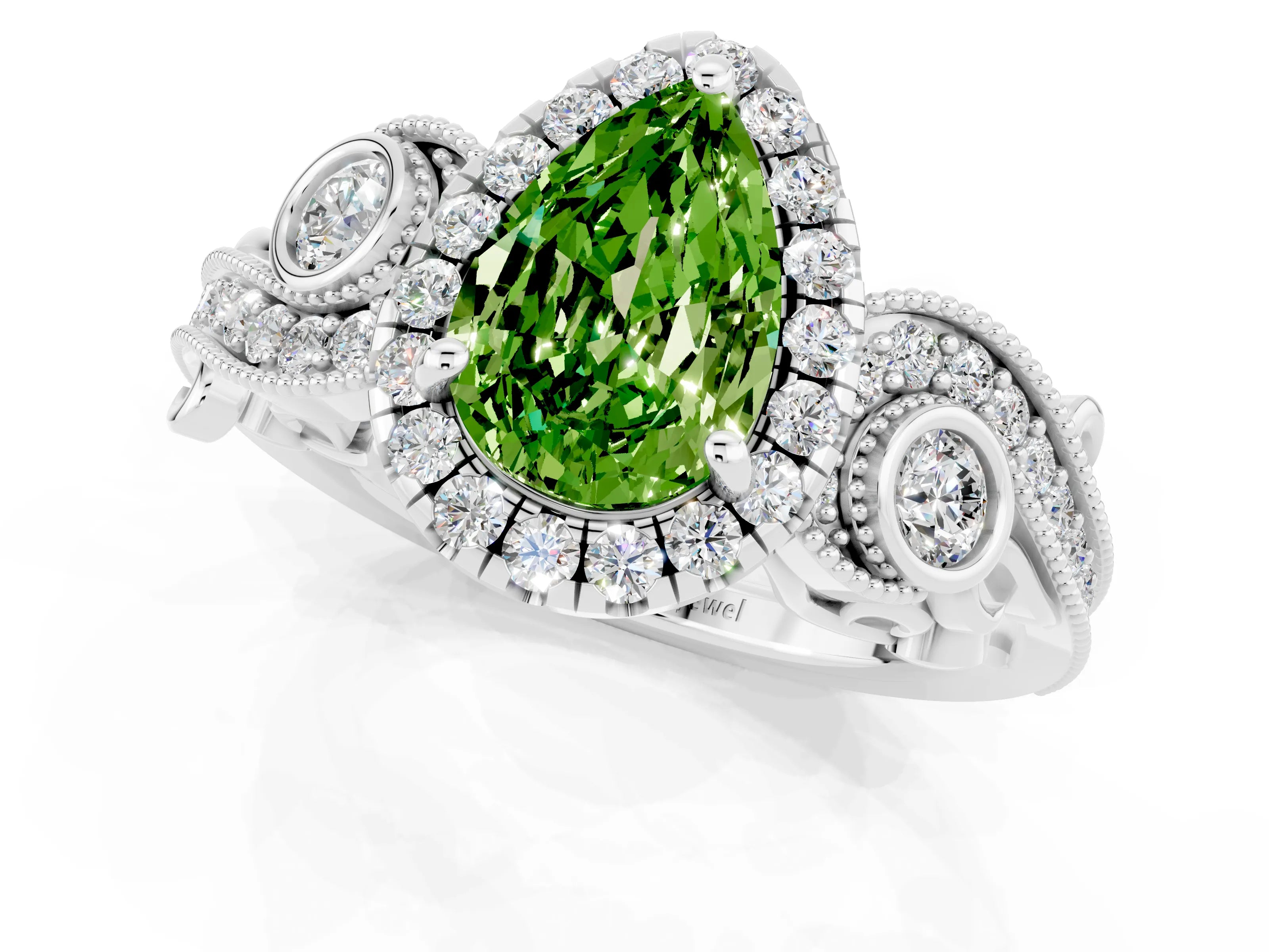 White gold Pear Cut Peridot Halo Ring with Milgrain Pavé Band and Four-Prong Setting_13
