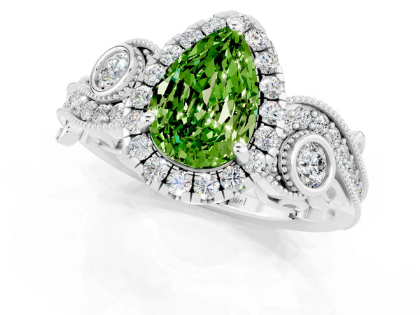 Platinum Pear Cut Peridot Halo Ring with Milgrain Pavé Band and Four-Prong Setting