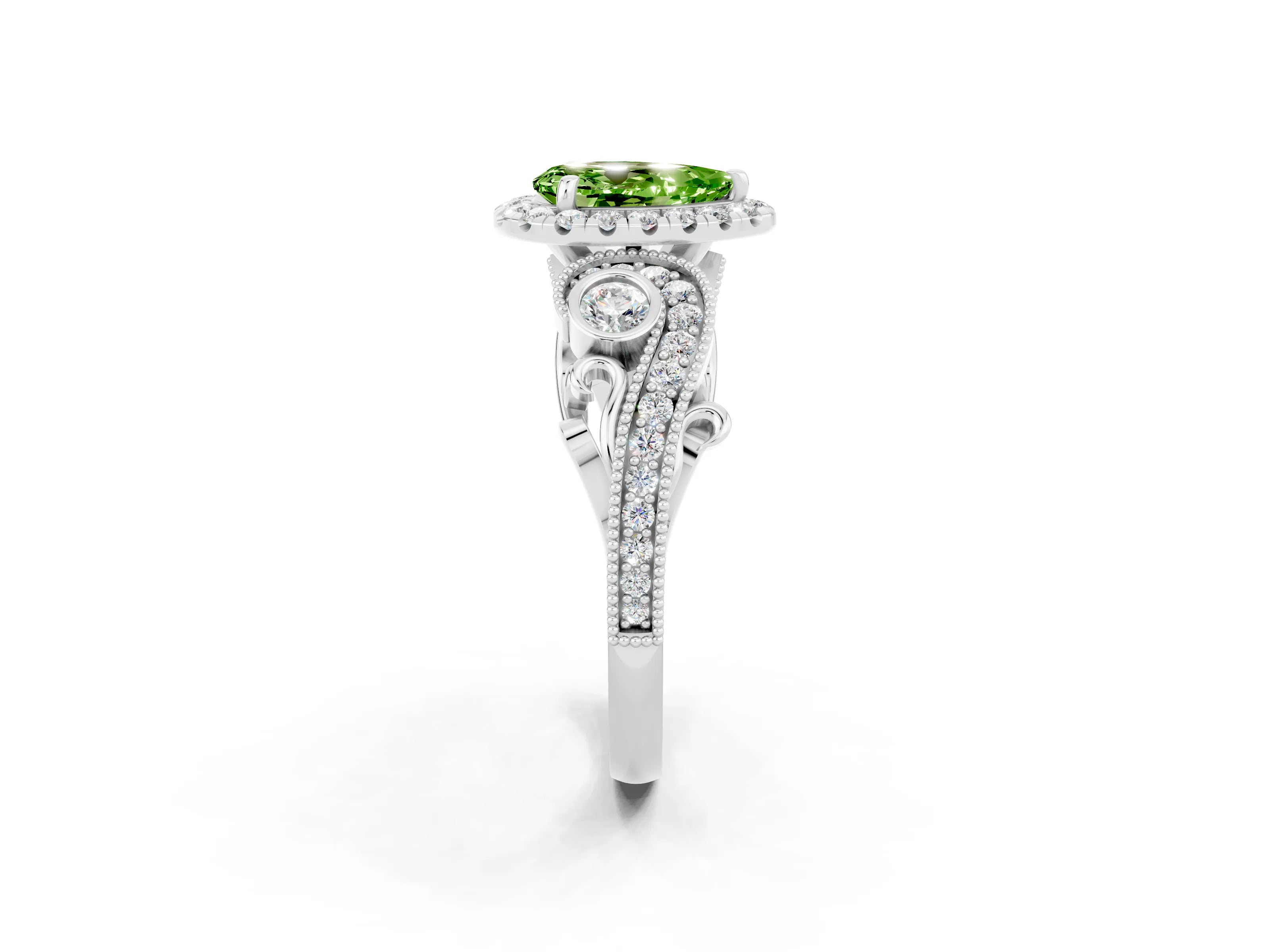 White gold Pear Cut Peridot Halo Ring with Milgrain Pavé Band and Four-Prong Setting_14