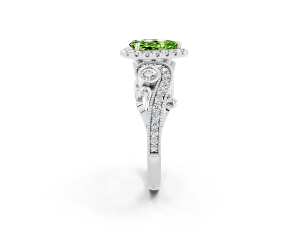 Silver Pear Cut Peridot Halo Ring with Milgrain Pavé Band and Four-Prong Setting