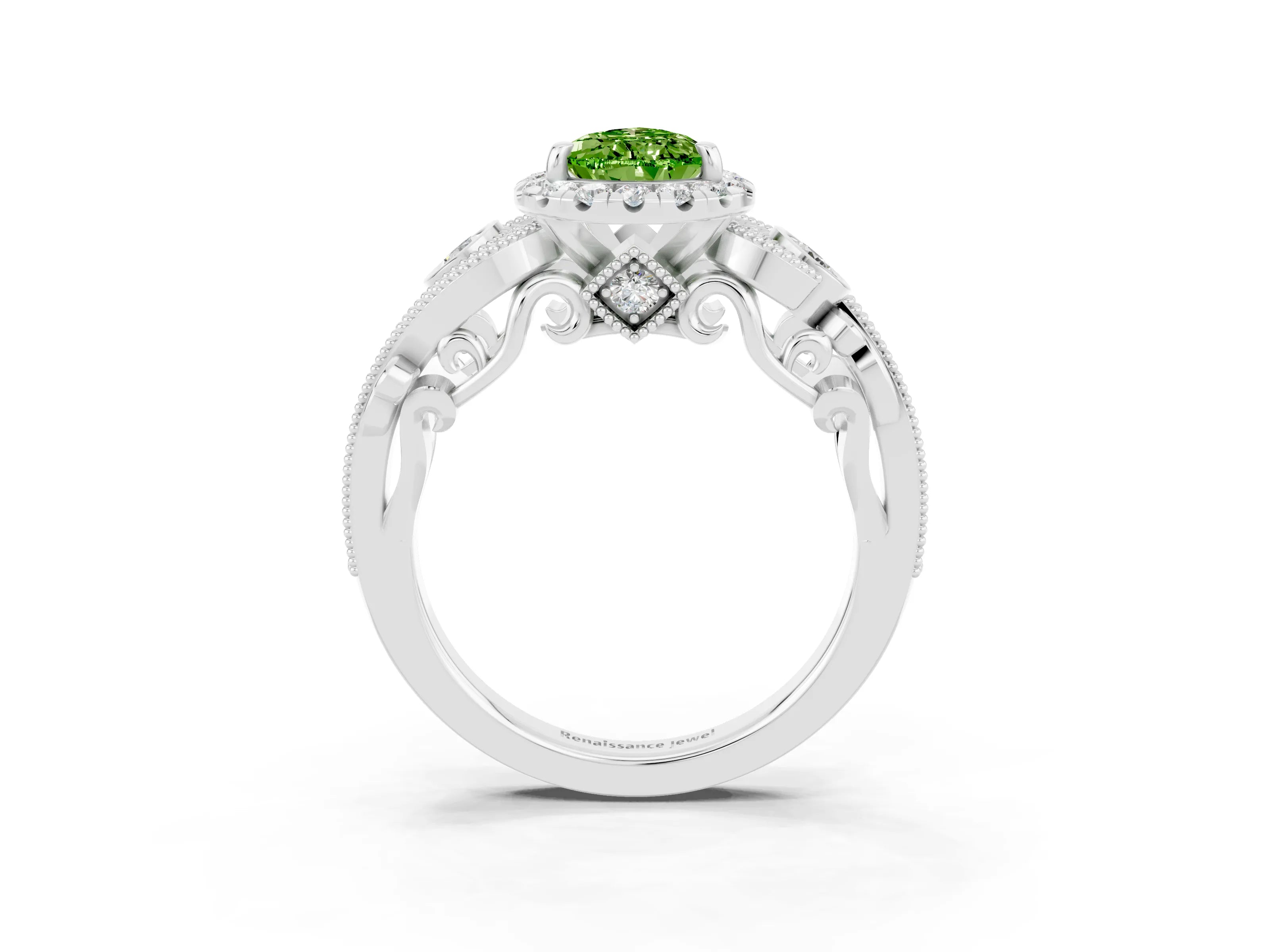 White gold Pear Cut Peridot Halo Ring with Milgrain Pavé Band and Four-Prong Setting_15