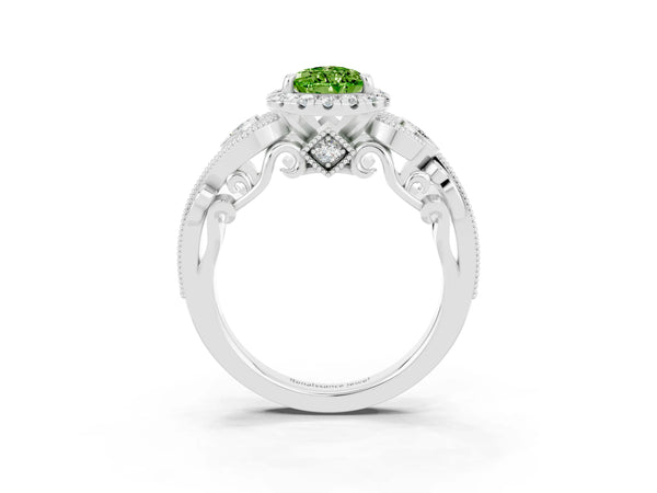 Silver Pear Cut Peridot Halo Ring with Milgrain Pavé Band and Four-Prong Setting