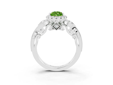 White gold Pear Cut Peridot Halo Ring with Milgrain Pavé Band and Four-Prong Setting_15